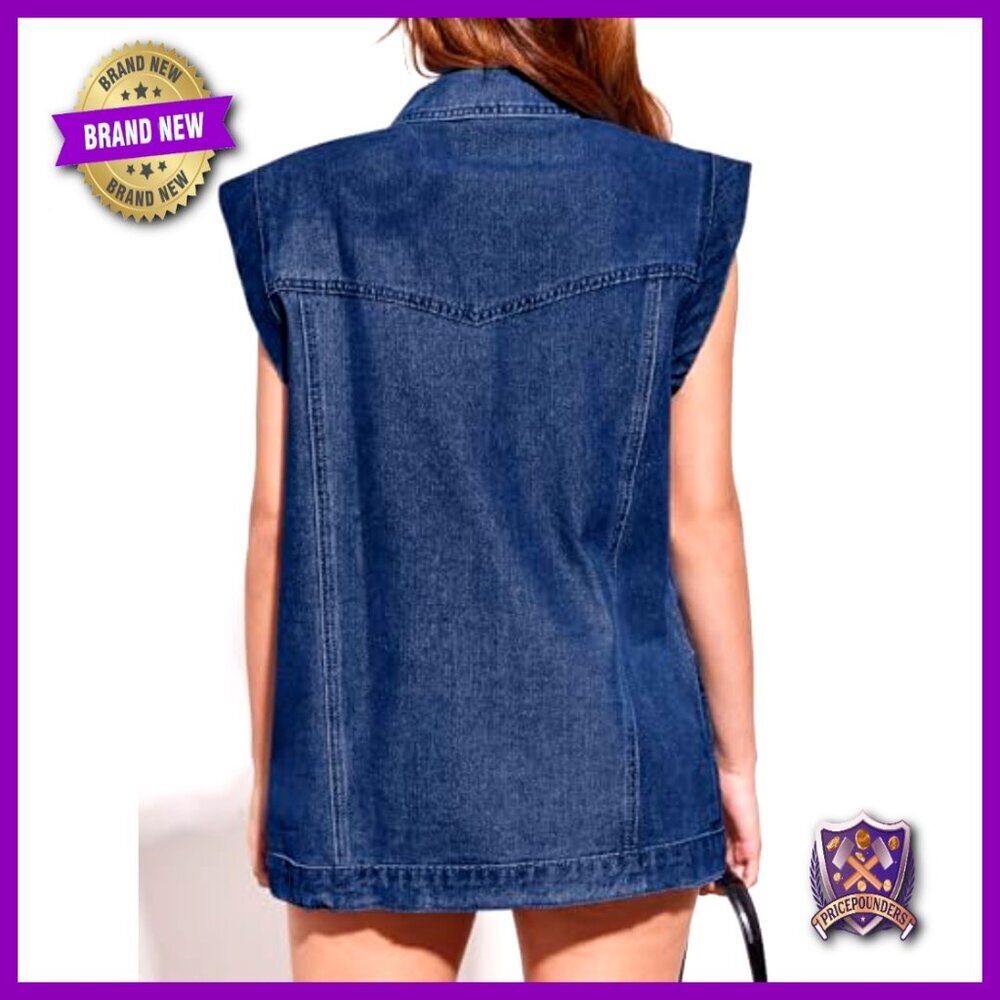 Oversized Denim Vest Sleeveless Button Down Utility Lapel Casual Vintage - Picture 3 of 7